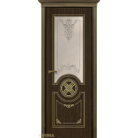 Дверь Геона Лейла, Сатинат тонированный, окрашенный витраж, ПВХ-шпон, Черное дерево матовое, патина золото