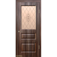 Дверь Геона Афродита, ДО с гравировкой, с витражом, ПВХ-шпон, Орех седой темный