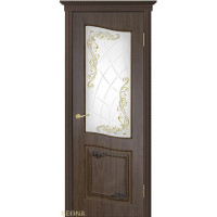 Дверь Геона Велла, Сатинат с гравировкой, покраска, ПВХ-шпон, Черное дерево матовое патина коричневая
