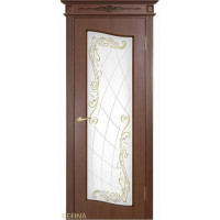Дверь Геона Астория, Сатинат с гравировкой, покраска, ПВХ-шпон, Яблоня тисненая патина коричневая
