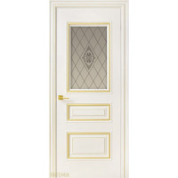 Дверь Геона Прованс, Тонированный сатинат с гравировкой, с витражом, эмаль Крем патина золотая