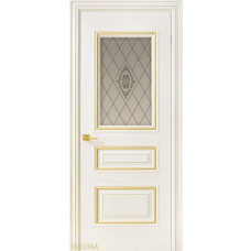Каталог,Дверь Геона Прованс, Тонированный сатинат с гравировкой, с витражом, эмаль Крем патина золотая