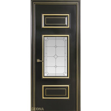 Каталог,Дверь Геона Франческо, Стекло сатинированное с гравировкой, с бевелсом, эмаль Черный янтарь патина золотая