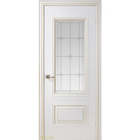 Дверь Геона Ришелье, Стекло сатинированное с гравировкой, с бевелсами, эмаль Белый патина золотая