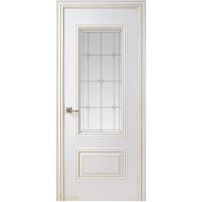 Каталог,Дверь Геона Ришелье, Стекло сатинированное с гравировкой, с бевелсами, эмаль Белый патина золотая