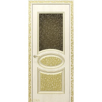 Дверь Геона Сильвия 3, Сатинат тонированный, окрашенный витраж, ПВХ-шпон, Квазар крем патина золотая
