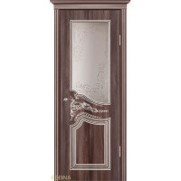 Дверь Геона Теодор, Сатинат тонированный, окрашенный витраж, ПВХ-шпон, Орех седой темный патина серебряная