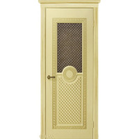 Дверь Геона Данте, Сатинат тонированный, окрашенный витраж, ПВХ-шпон, Ваниль матовая, патина золотая