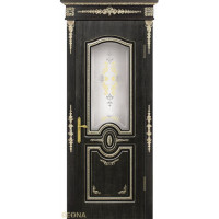 Дверь Геона Калисто, Сатинат с гравировкой, покраска, ПВХ-шпон, Черный жемчуг патина золотая