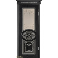 Дверь Геона Сильвия, Сатинат тонированный, окрашенный витраж, ПВХ-шпон, Черный чемчуг, патина серебряная
