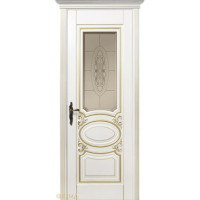 Дверь Геона Оливия-2, Сатинат с фацетом и гравировкой, ПВХ-шпон, Крем, патина золотая