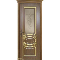 Дверь Геона Оливия-2, Сатинат с фацетом и гравировкой, ПВХ-шпон, Каштан, патина золотая