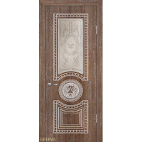 Дверь Геона Лео, Сатинат тонированный, окрашенный витраж, ПВХ-шпон, Орех патина 73 Серебряная