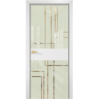 Дверь Оникс Соло 2, Lacobel RAL 1013 по зеркалу, рисунок полоски, эмаль белая
