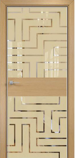 Дверь Оникс Соло 2, Lacobel RAL 1015 по зеркалу, рисунок лабиринт, дуб светлый