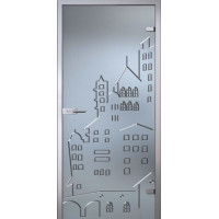 Стеклянная дверь Город, матовое бесцветное стекло с гравировкой