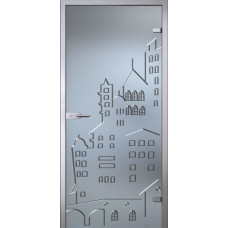 По производителю,Стеклянная дверь Город, матовое бесцветное стекло с гравировкой